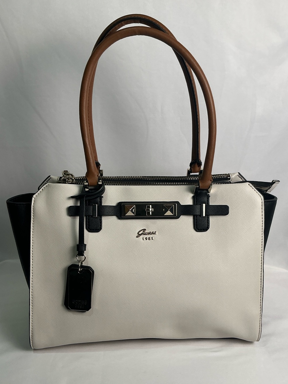 GUESS Cherie Status Carryall Satchel Colorblock Black White - Picture 2 of 16